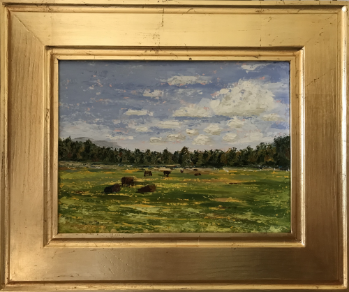 Cows on Aldrich, 2021 oil on masonite 9x12